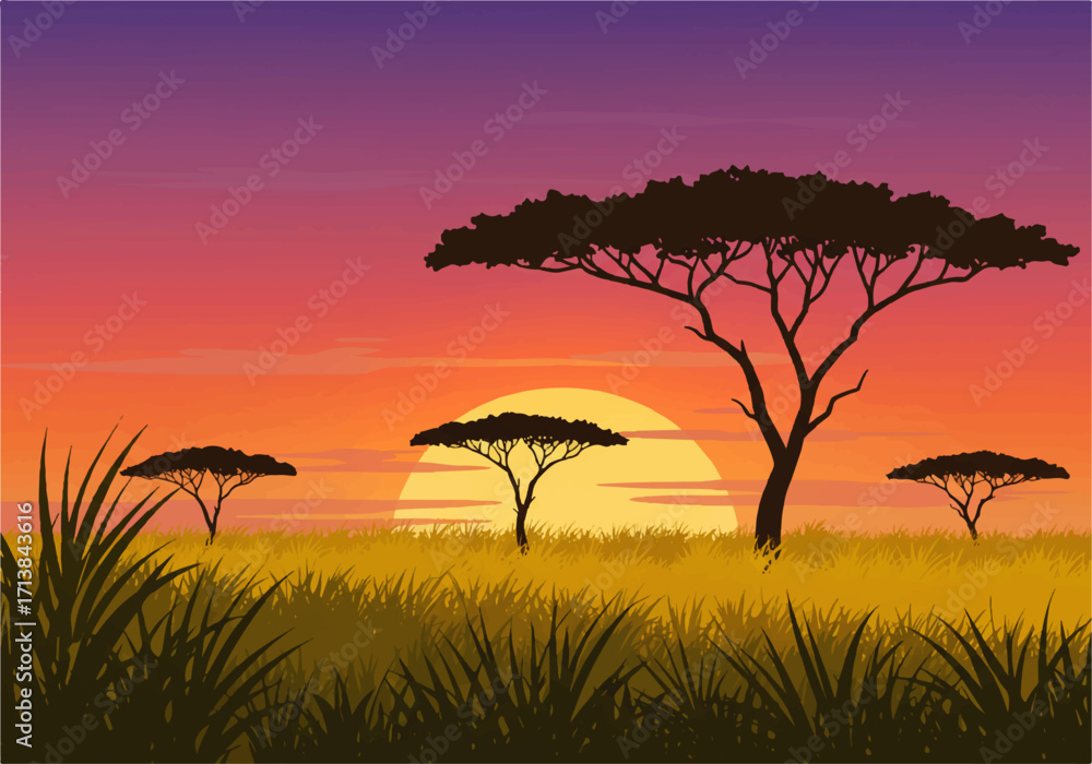 Fototapeta premium African savanna landscape with silhouetted acacia trees and tall grass against a vibrant sunset sky.
