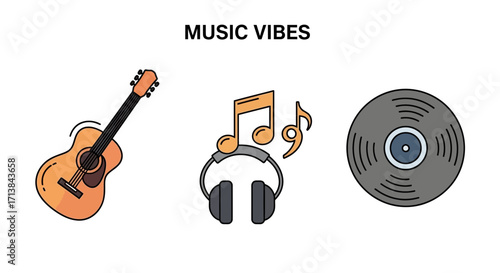 Music Vibes Acoustic Guitar, Headphones, Vinyl Record Icons