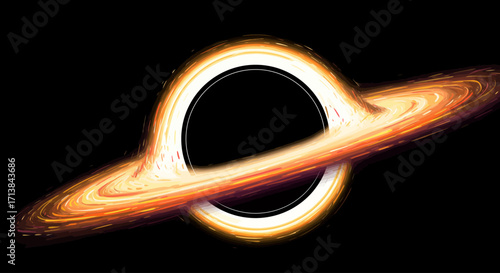 Futuristic render of a celestial black hole with a fiery accretion ring