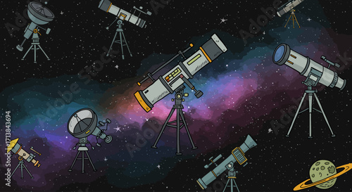 A diverse collection of illustrated telescopes for observing the cosmos and galaxy