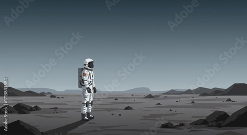 Astronaut on a Grey, Rocky Planet Landscape, Space Exploration