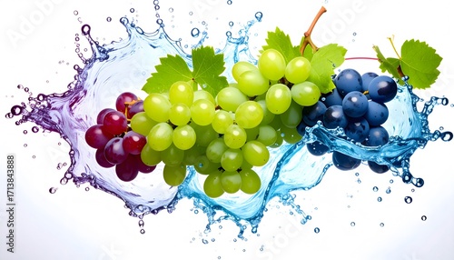Three grape varieties with leaves and water splash on a clean white background