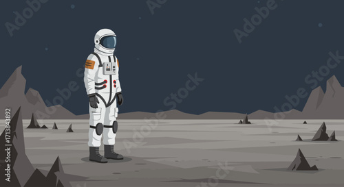 Astronaut Standing on a Lunar Surface with Rocky Outcrops