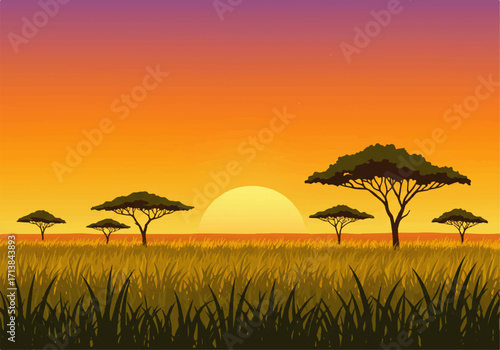 A vibrant African savanna landscape illustration featuring acacia trees silhouetted against a colorful sunset sky.