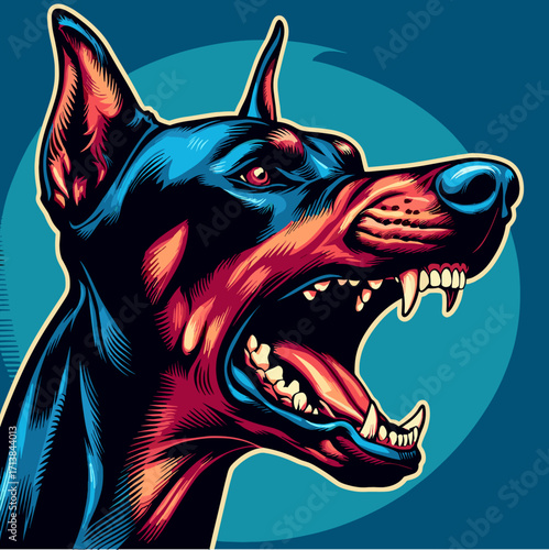 Fierce Doberman with bared teeth in pop art vector design, emotional dog