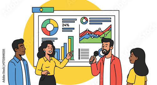 Business colleagues analyzing financial data, charts, and graphs on large board, discussing statistics, corporate strategy, and company progress.