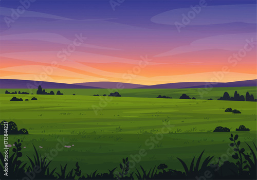 A vibrant cartoon landscape featuring a lush green field under a colorful sunset sky with distant hills and scattered trees.