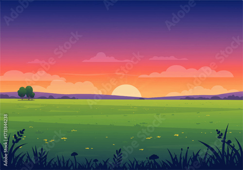 Illustration of a serene landscape featuring a green field, distant hills, and a vibrant sunset sky with clouds.