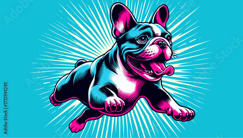 Excited French Bulldog jumping with tongue out on blue pop art vector background, emotional dog