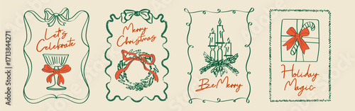 Hand drawn Christmas poster set. Retro vintage New Year doodle illustrations in minimalist line art style with holiday wreath, bows, candle, gifts, and martini glass. Festive coquette vector design 