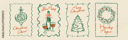 Hand drawn Christmas poster set. Retro vintage New Year doodle illustrations in minimalist line art style with holiday wreath, bows, Christmas tree, wine. Festive coquette vector design