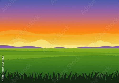 A cartoon landscape illustration featuring a green field under a colorful sunset sky with purple, orange, and yellow hues.