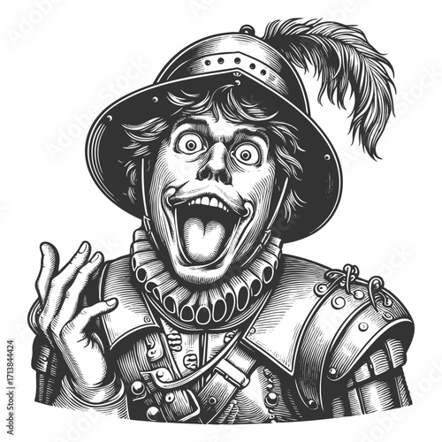 medieval knight in armor with feathered helmet, sticking out tongue in exaggerated humor sketch engraving generative ai fictional character vector illustration. Scratch board. Black and white image.