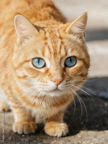 Yellow furred cat with blue eyes is posing outside