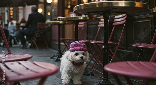 Fototapeta Naklejka Na Ścianę i Meble -  Cute small dog wearing a colorful hat in a cozy outdoor café setting.