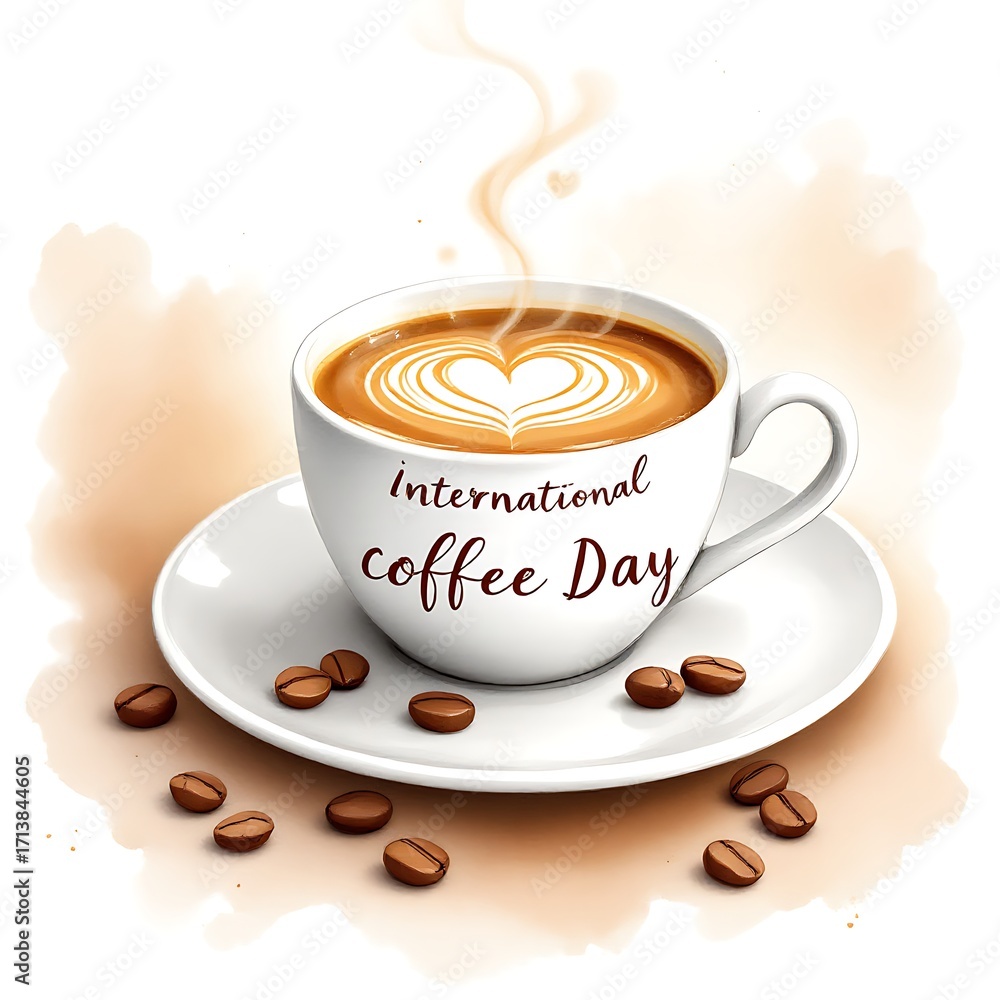 Obraz premium Watercolor illustration of a coffee cup with heart latte art and coffee beans on a soft brown background, featuring the text International Coffee Day, perfect for coffee celebration designs