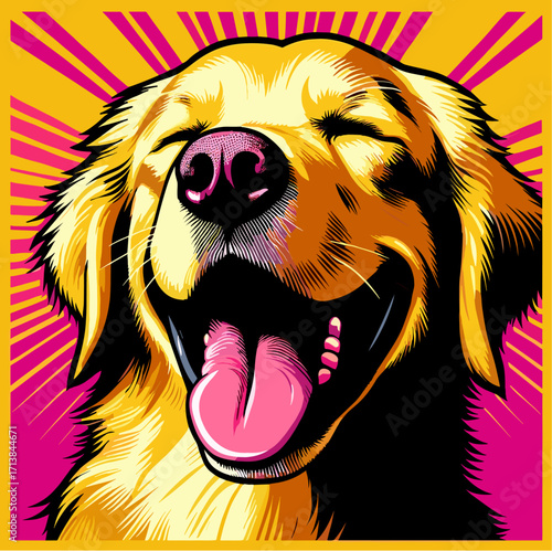 Laughing Golden Retriever with eyes closed on dynamic pop art vector background, emotional dog