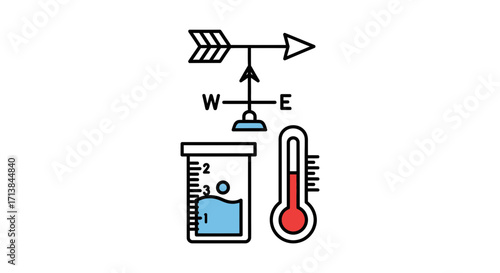 Digital illustration of scientific measurement and weather instruments, including a wind direction indicator, a laboratory beaker, and a thermometer, for data collection visuals