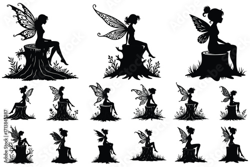 Collection of black silhouette fairies with intricate wings sitting on tree stumps