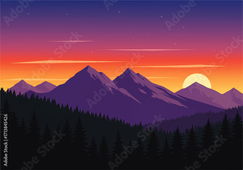 A stylized illustration of a mountain range at sunset, featuring silhouetted trees in the foreground and a vibrant, colorful sky.