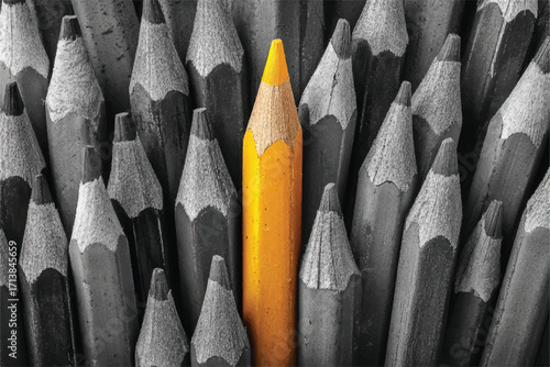 Yellow Pencil Stands Out Among Gray Pencils Represents Individuality Creativity and Standing Out From The Crowd Uniqueness Concept