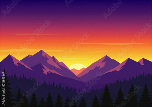 Illustration of a mountain range silhouetted against a vibrant sunset sky with a forest in the foreground.