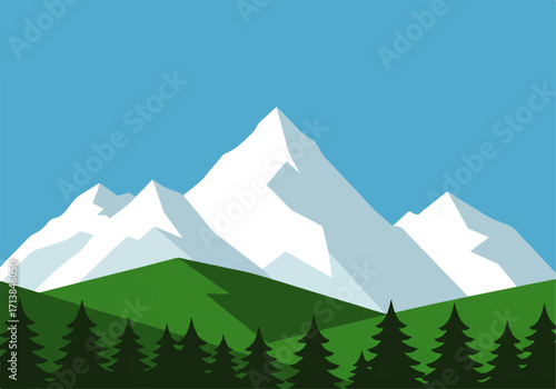 Vector illustration of snow-capped mountains against a blue sky with green hills and evergreen trees in the foreground.