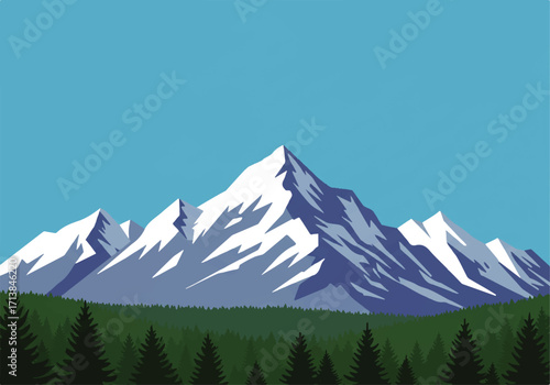 Vector illustration of snow-capped mountains rising above a forest under a clear blue sky.