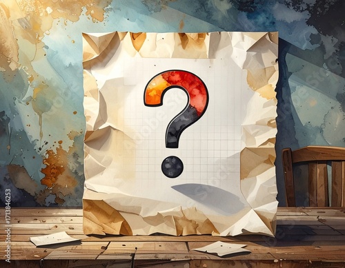 Abstract Question Mark Artwork on Paper Texture with Red Orange and Black Color Palette on a Wooden Surface with Splatter Paint Aesthetic