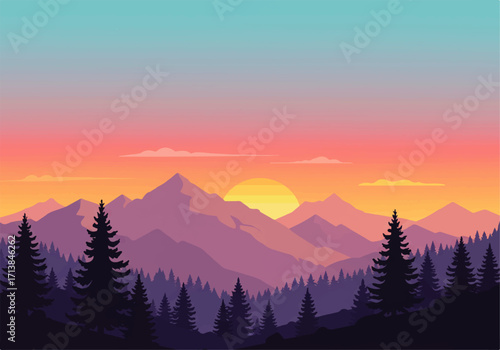 A colorful illustration of a mountain range at sunset, with silhouetted pine trees in the foreground and the sun setting between the peaks.