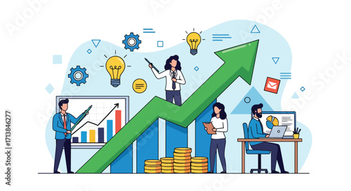 Business team with charts, graphs, and arrows showing growth and financial success, symbolizing collaboration, teamwork, and corporate achievement.