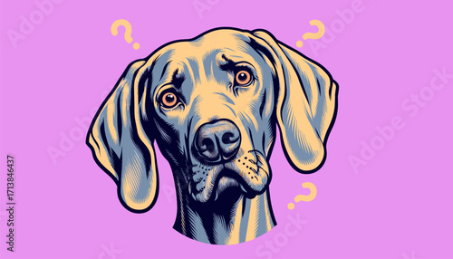 Confused Weimaraner with question marks in pop art vector design, emotional dog