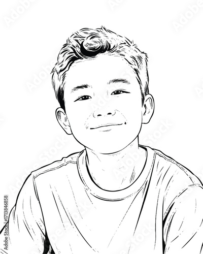Young Boys Portrait Black and White Line Art with Detailed Features and a Slight Smile Character Illustration