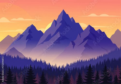 Vector illustration of a mountain range with a forest in the foreground, under a colorful sunset sky.