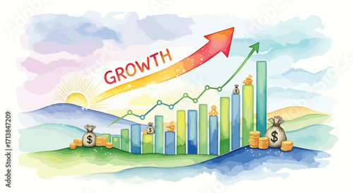 Watercolor style illustration of financial growth with bar graph, rising arrow, and money symbols, symbolizing progress, profit, and investment.