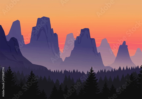 Silhouette illustration of a mountain range with a forest in the foreground, set against a vibrant orange and pink gradient sky.