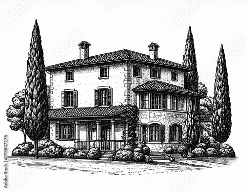 Elegant black and white illustration of a large villa