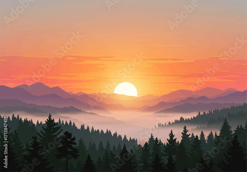 Illustration of a vibrant sunrise over a mountainous landscape with a forest and low-lying fog.