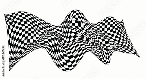 3D waving checkered racing flag in abstract shape, symbolizing speed, motorsport, finish, and race competition.