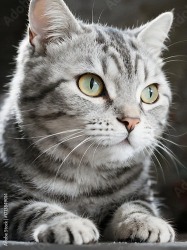 Natural golden green cat eyes, gray and white fur with side lighting