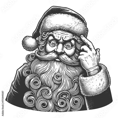 Santa Claus with curly beard and hat, pointing to his head in a thoughtful gesture sketch engraving generative ai fictional character vector illustration. Scratch board imitation. Black and white.