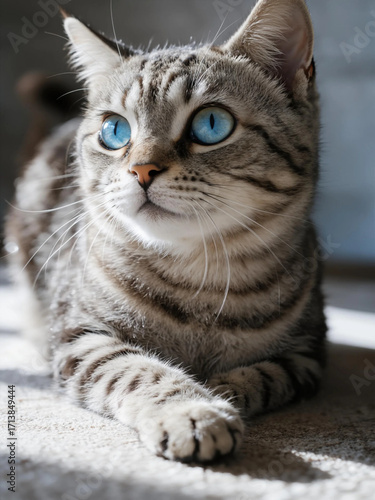 Realistic close-up portrait of an adult cat with gray fur and blue eyes