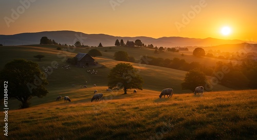 Golden hour light bathes a serene rural landscape, illuminating rolling hills and grazing cattle under a warm, glowing sky, creating an idyllic pastoral scene with misty distant mountains