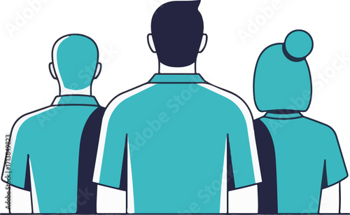 Rear View of Three Stylized Individuals in a Modern Flat Illustration