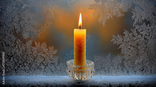 Single candle glowing on frosty window at dusk, concept of Winter Getaways  