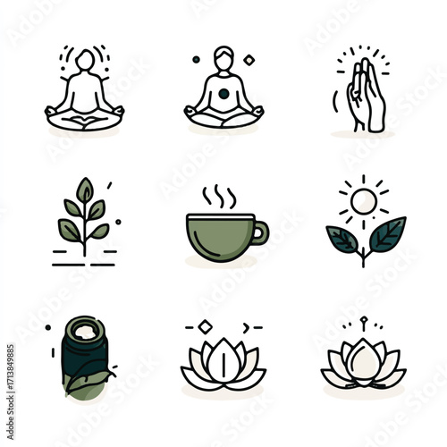 Zen Practices and Mindfulness Rituals A Collection of Vector Icons Representing Calmness and Inner Peace