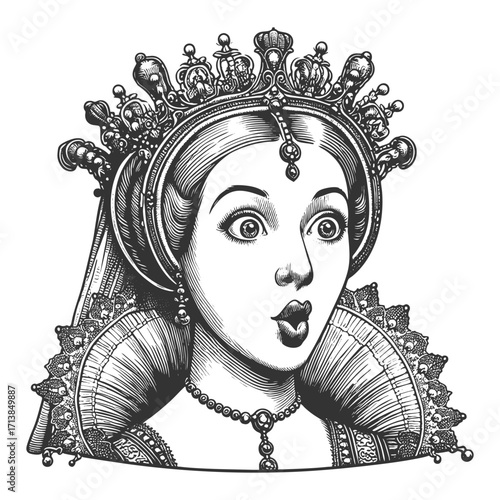 royal queen wearing an ornate crown and jewelry, with wide eyes and surprised expression sketch engraving generative ai fictional character vector illustration. Scratch board. Black and white image.