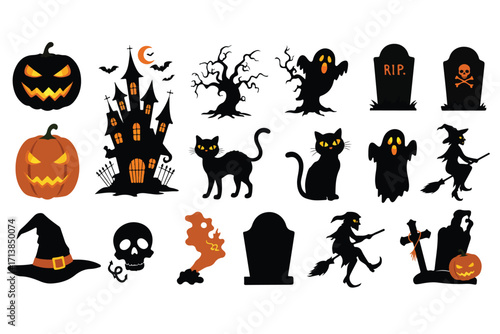 Halloween silhouettes set spooky icons bats pumpkins ghosts haunted elements vector illustration.eps