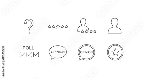 Line art icons representing feedback, polls, opinions, and star ratings for user reviews and surveys.