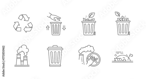 A collection of line art icons representing environmental concepts such as recycling, waste disposal, pollution, and landfills.
